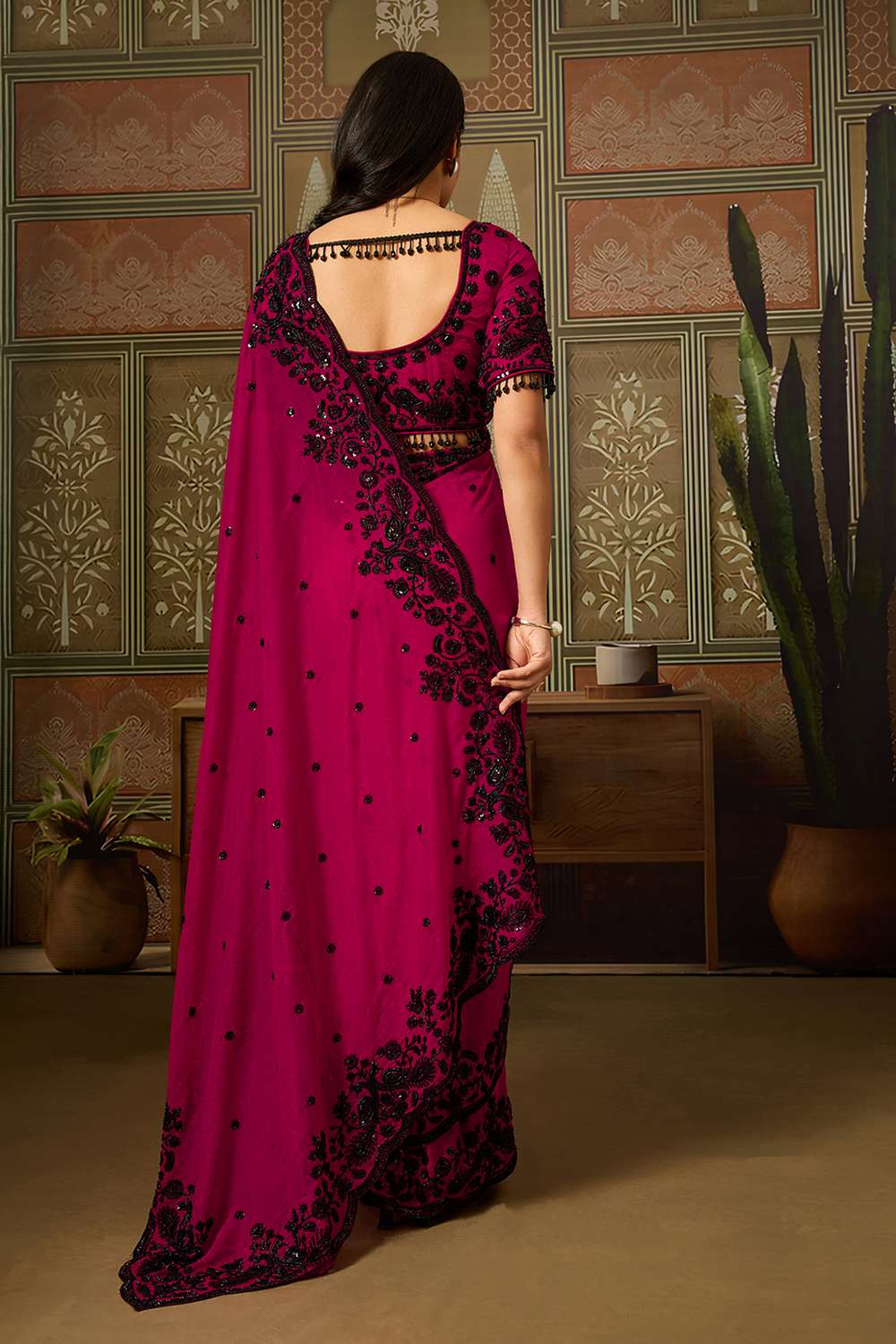 Paula Luxe Magenta Crush Organza Black Sequins Embroidered Ready to Wear Saree