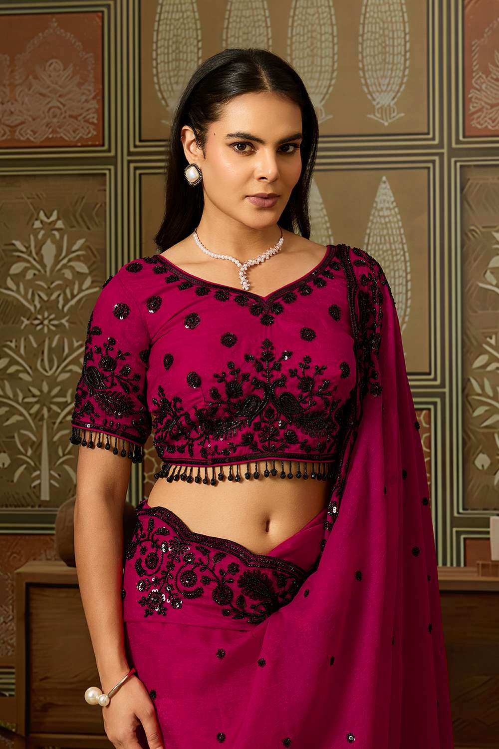 Paula Luxe Magenta Crush Organza Black Sequins Embroidered Ready to Wear Saree