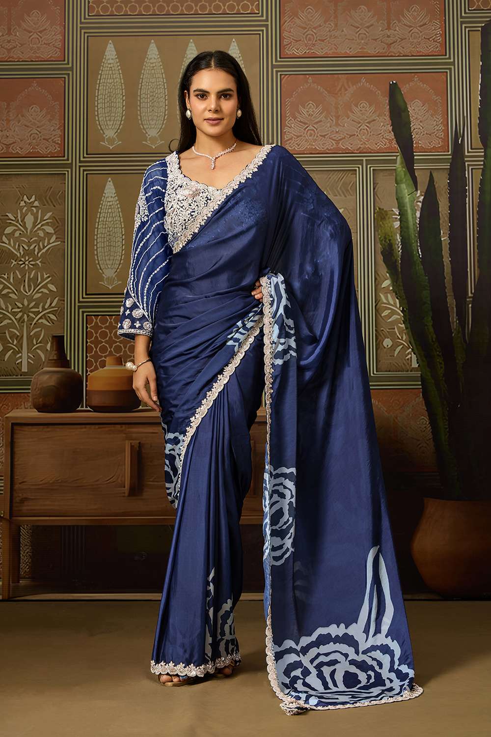 Naina Navy Blue Satin White Sequins Lace Work Ready to Wear Saree