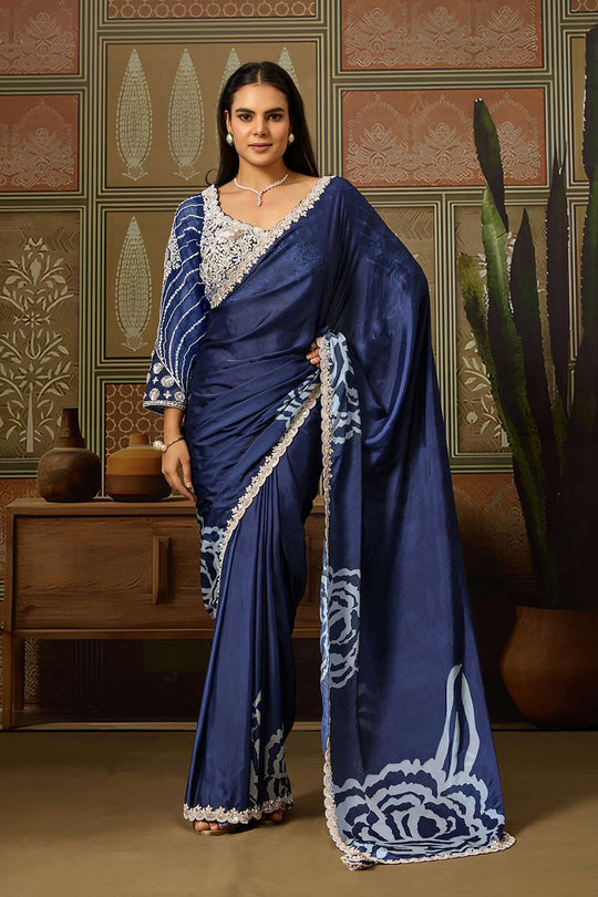 Naina Navy Blue Satin White Sequins Lace Work Ready to Wear Saree