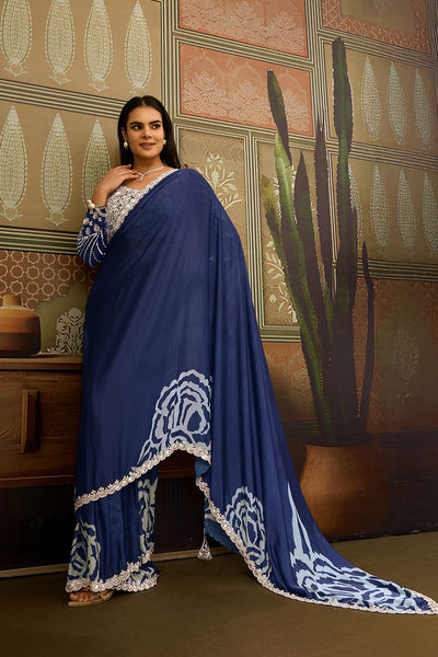 Naina Navy Blue Satin White Sequins Lace Work Ready to Wear Saree