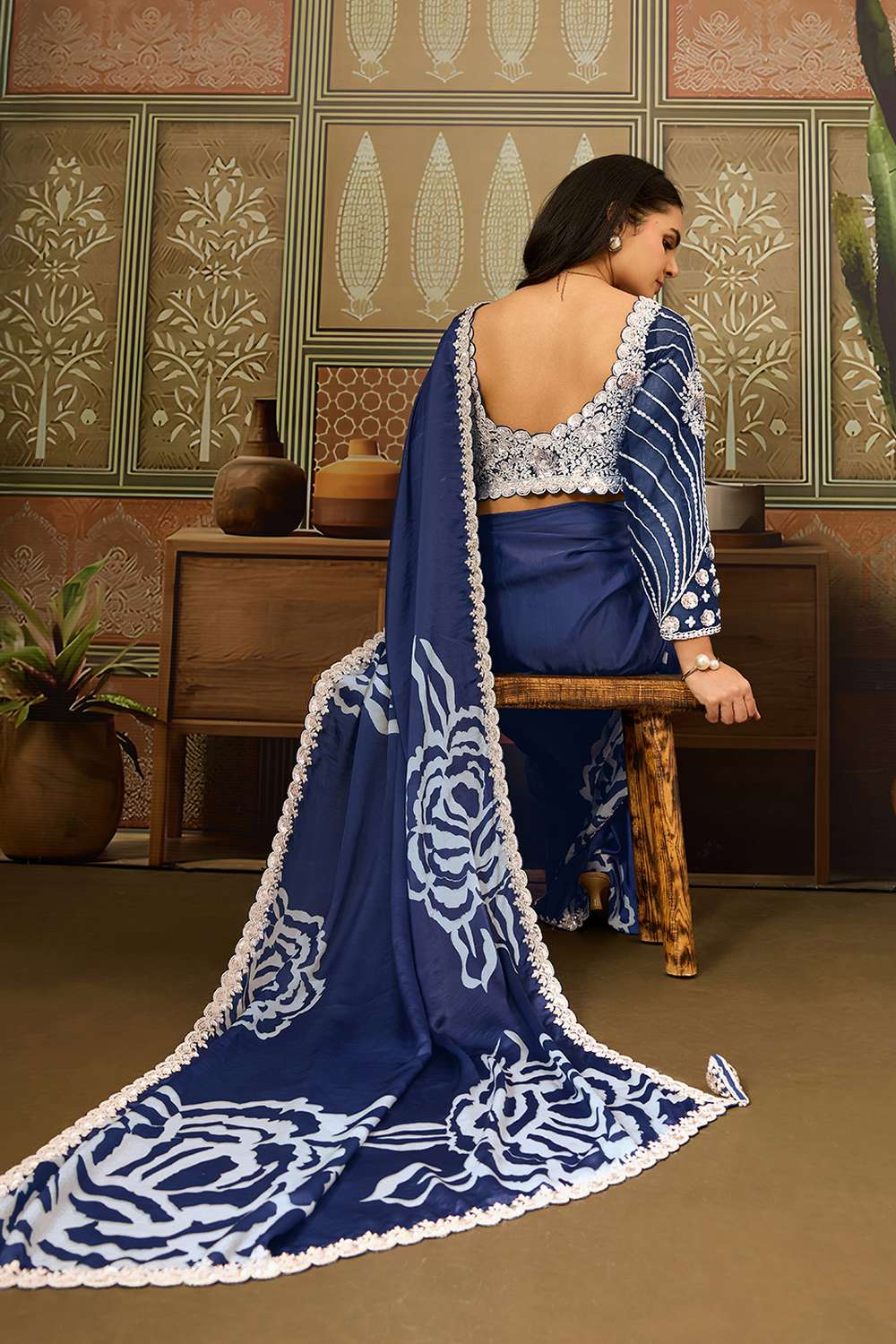 Naina Navy Blue Satin White Sequins Lace Work Ready to Wear Saree
