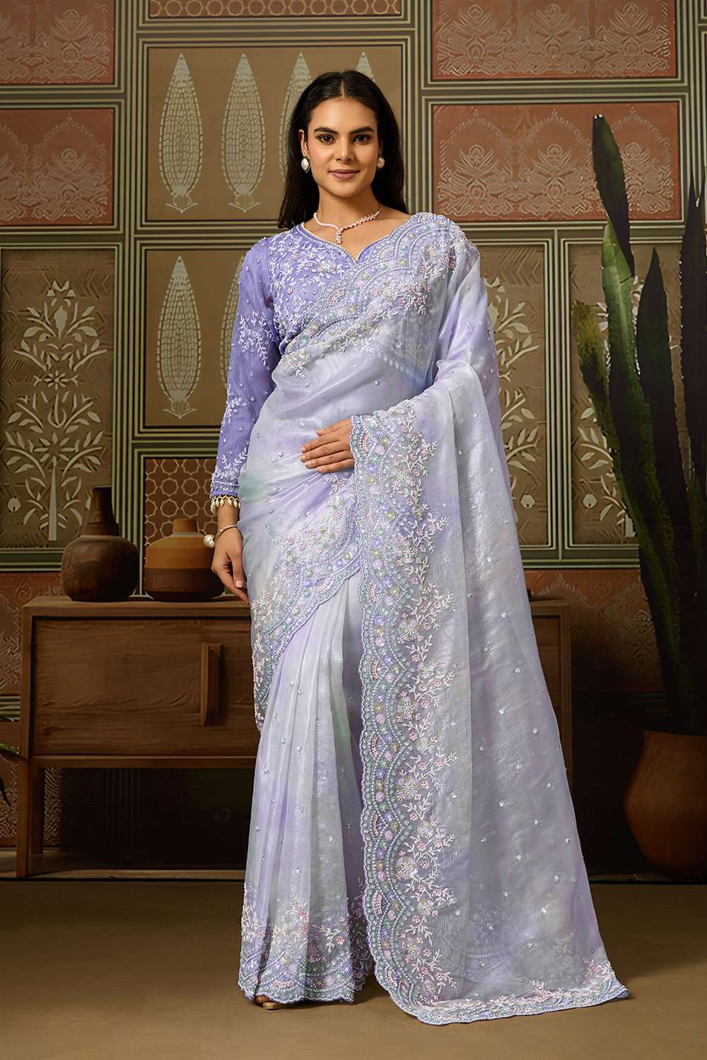 Alice Pastel Lavender Organza Moti Embellished Ready to Wear Saree