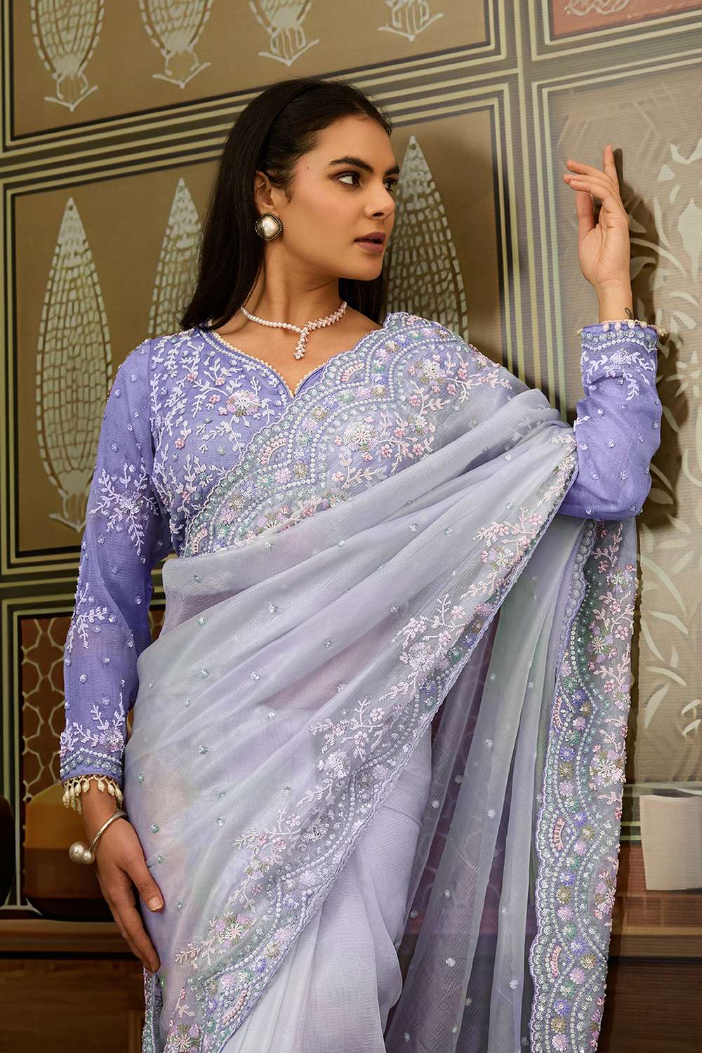 Alice Pastel Lavender Organza Moti Embellished Ready to Wear Saree