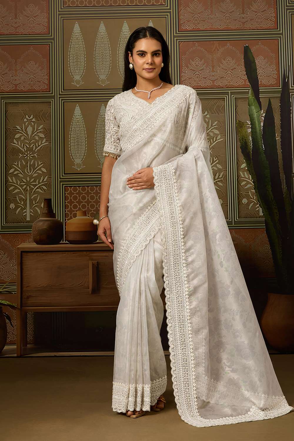 Anjie White Foil Print Organza Handworked Ready to Wear One Minute Saree