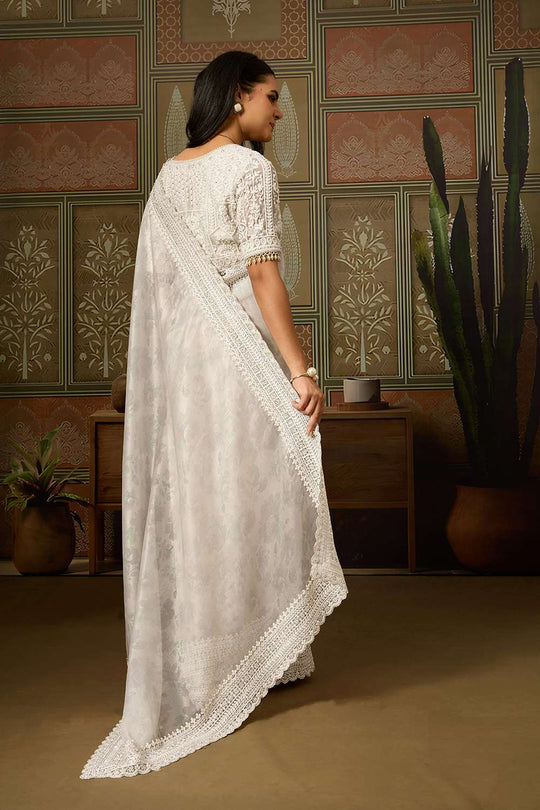 Anjie White Foil Print Organza Handworked Ready to Wear One Minute Saree