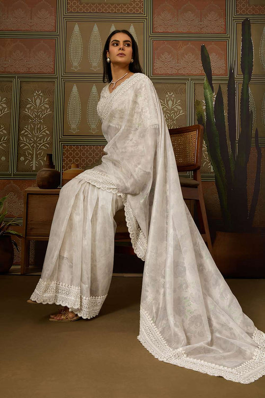 Anjie White Foil Print Organza Handworked Ready to Wear One Minute Saree