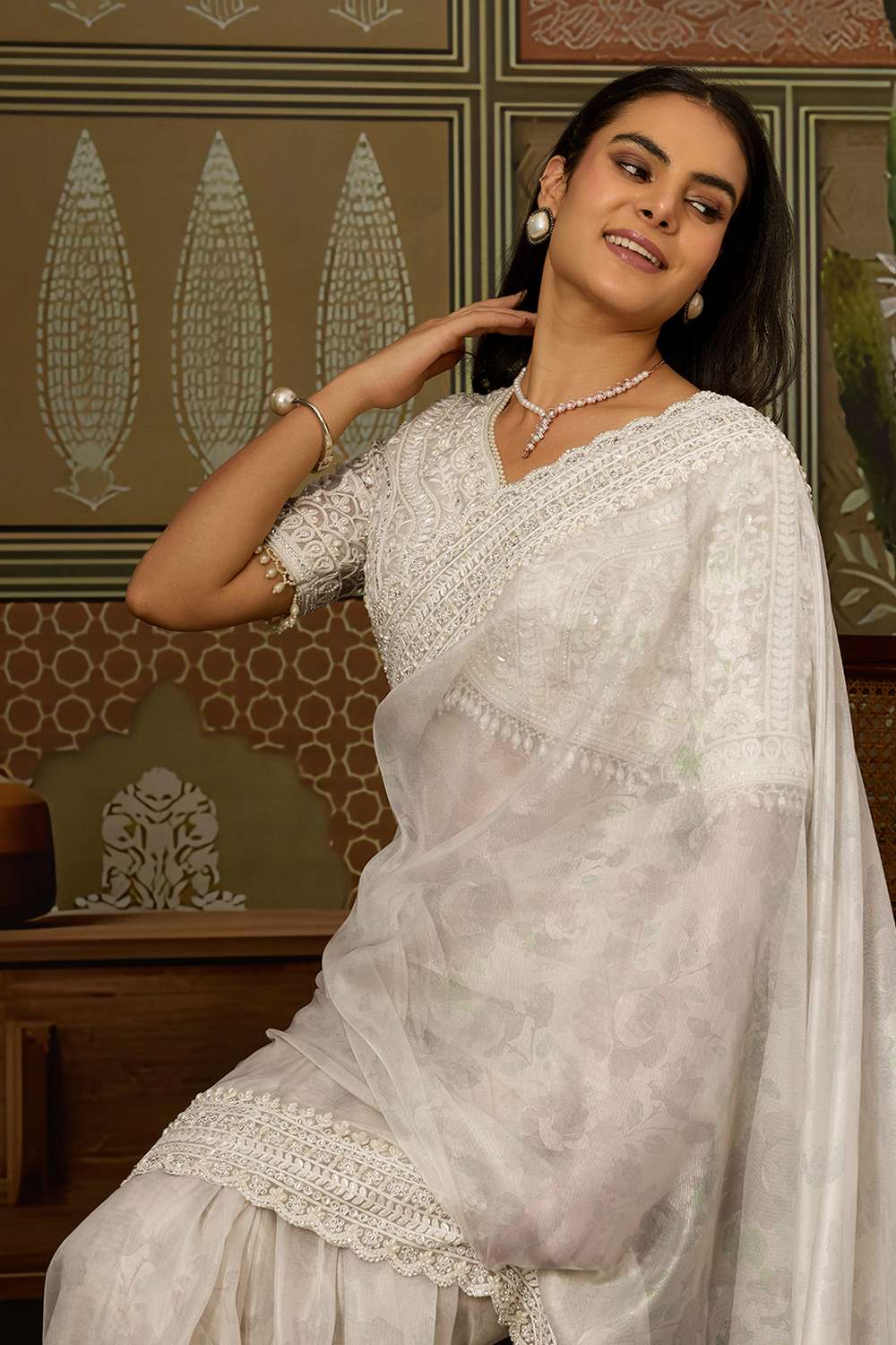 Anjie White Foil Print Organza Handworked Ready to Wear One Minute Saree