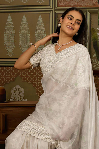 Anjie White Foil Print Organza Handworked Ready to Wear One Minute Saree