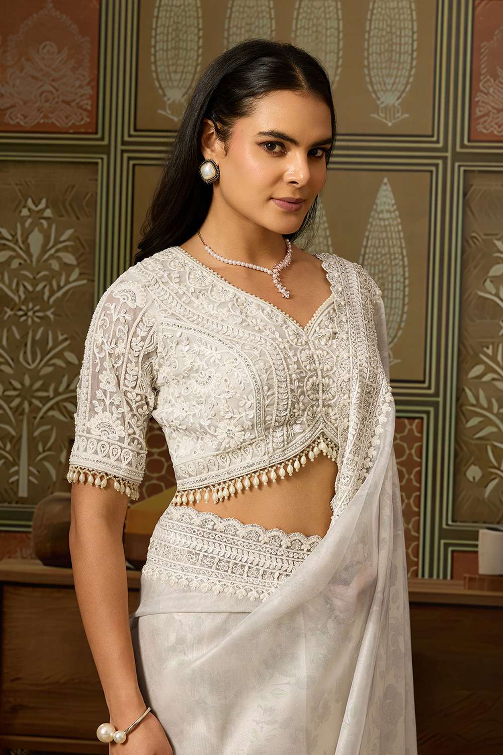 Anjie White Foil Print Organza Handworked Ready to Wear One Minute Saree