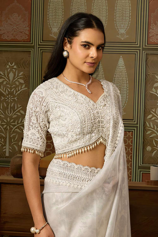 Anjie White Foil Print Organza Handworked Ready to Wear One Minute Saree