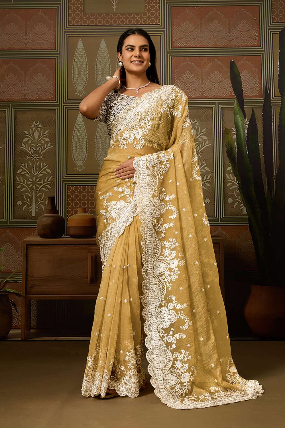 Mena Mustard Tissue Organza White Embroidered Ready to Wear Saree