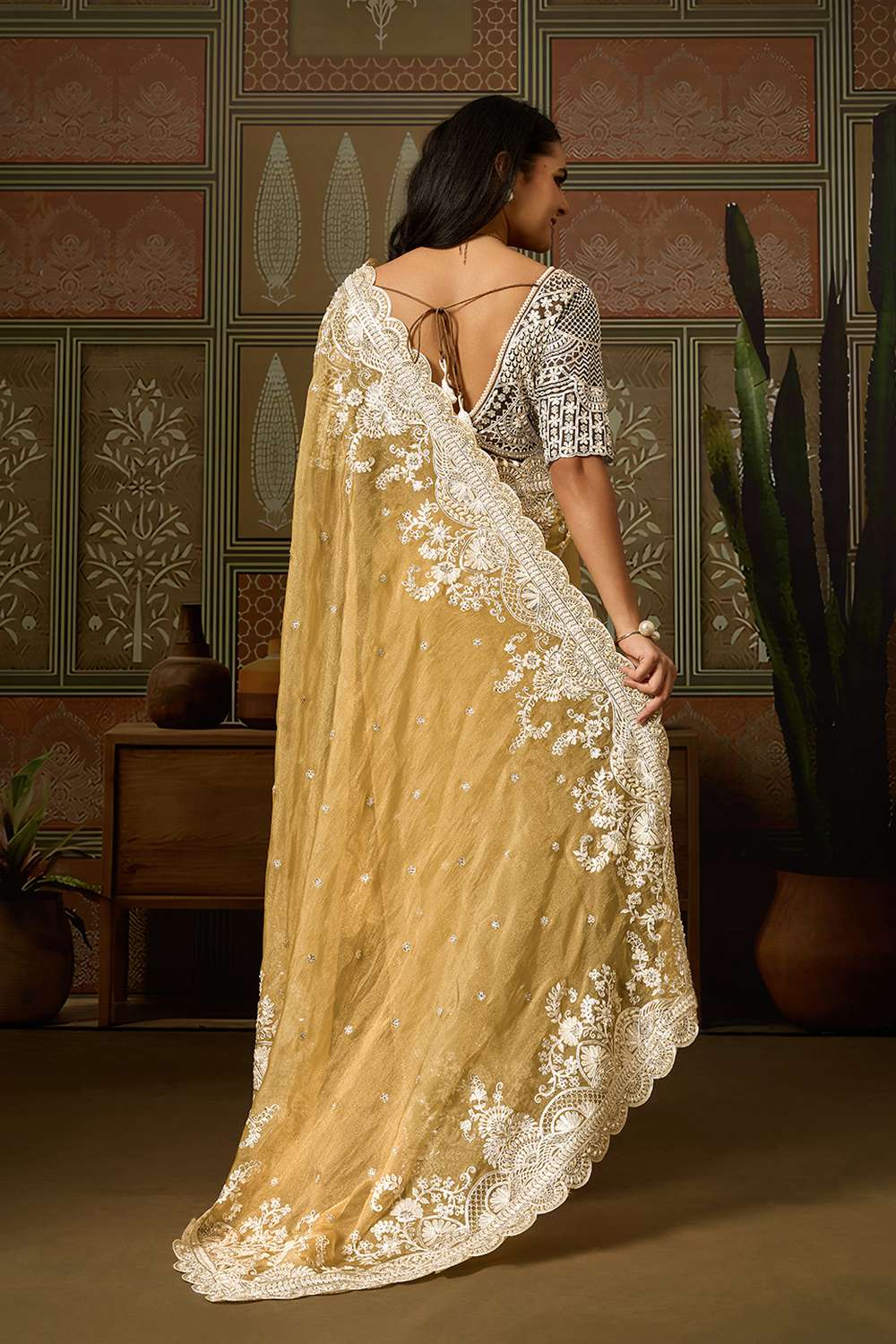 Mena Mustard Tissue Organza White Embroidered Ready to Wear Saree