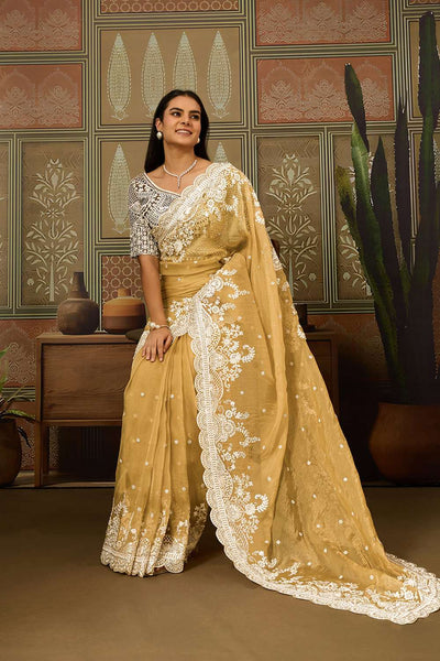 Mena Mustard Tissue Organza White Embroidered Ready to Wear Saree