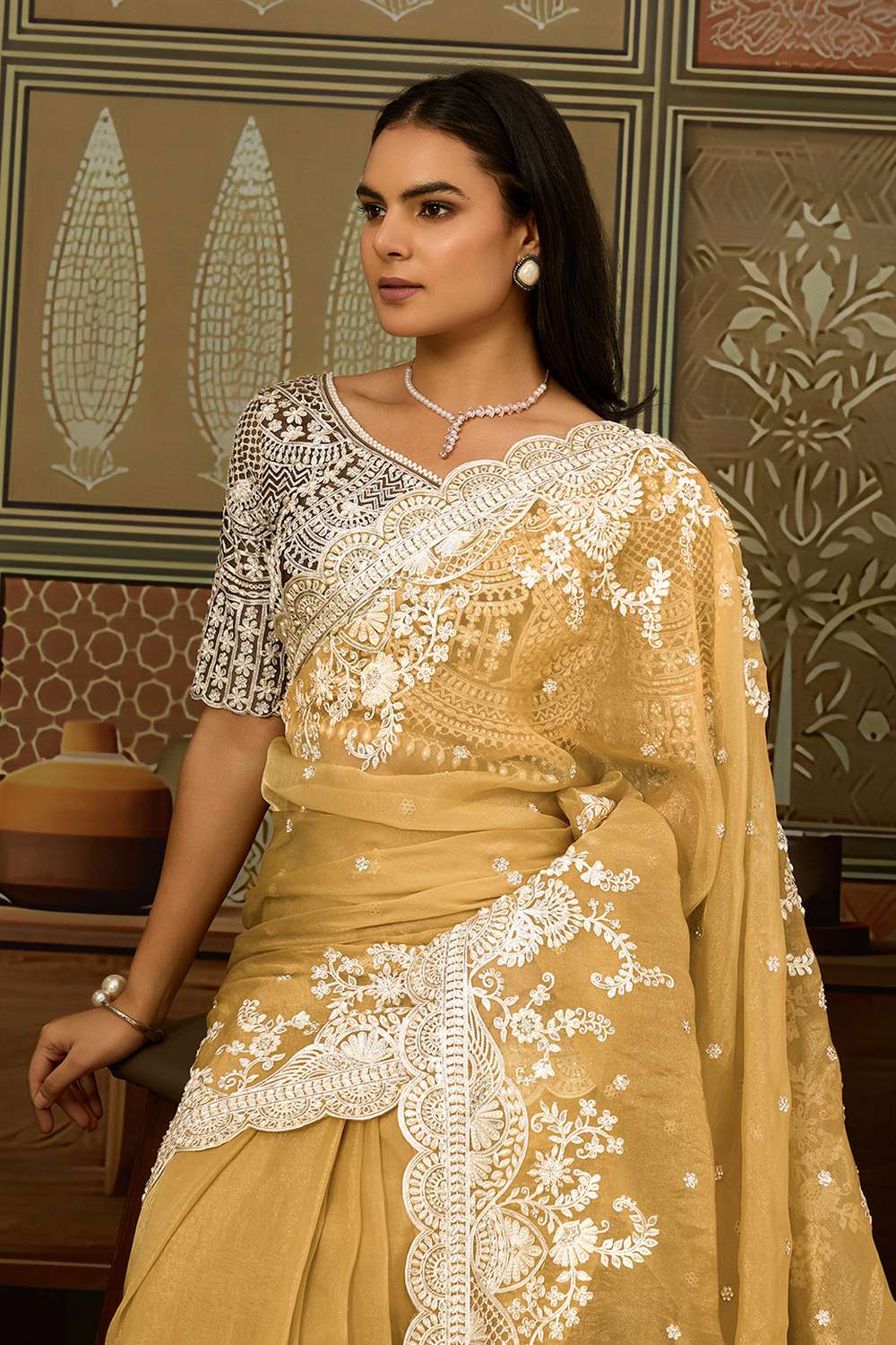 Mena Mustard Tissue Organza White Embroidered Ready to Wear Saree