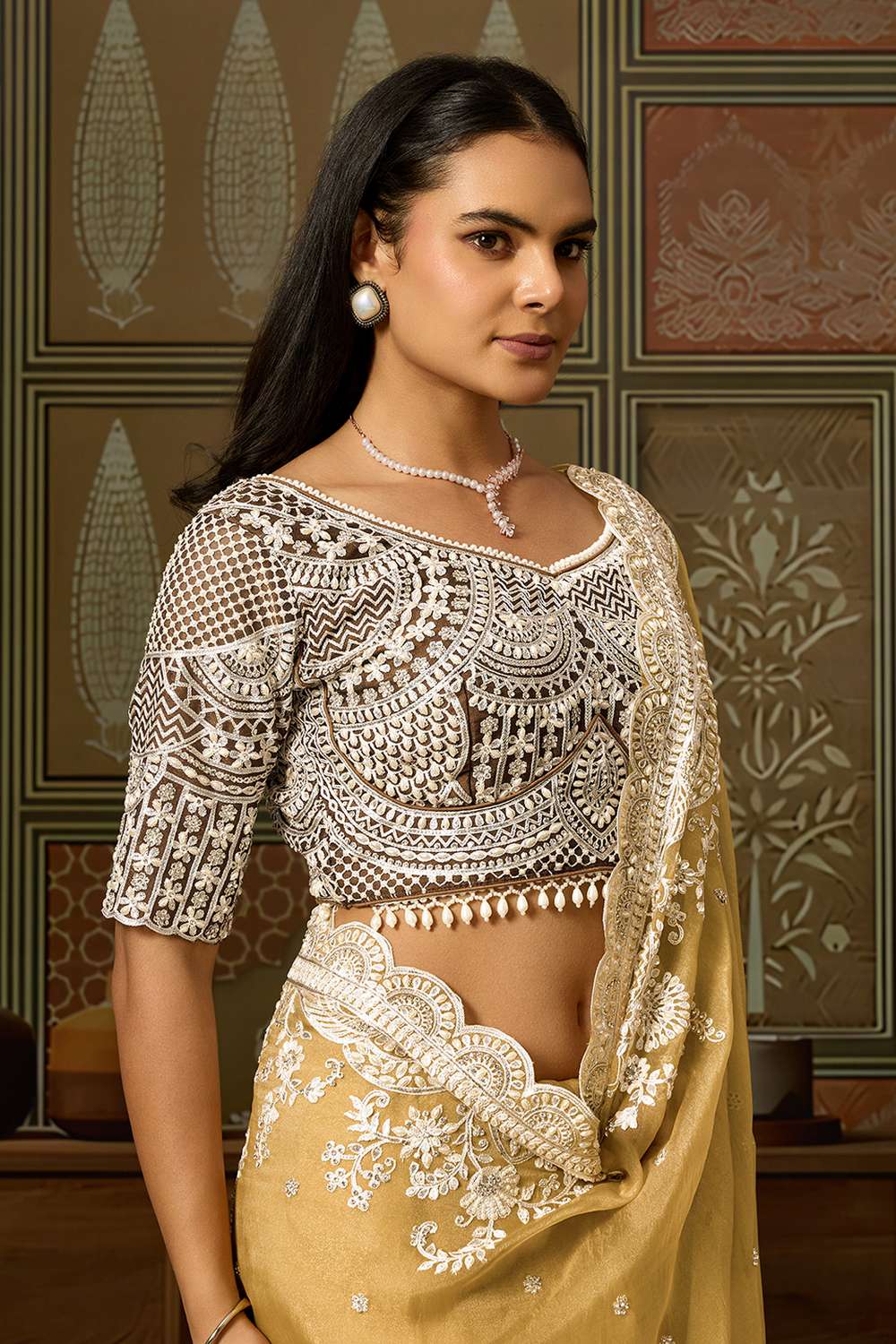 Mena Mustard Tissue Organza White Embroidered Ready to Wear Saree