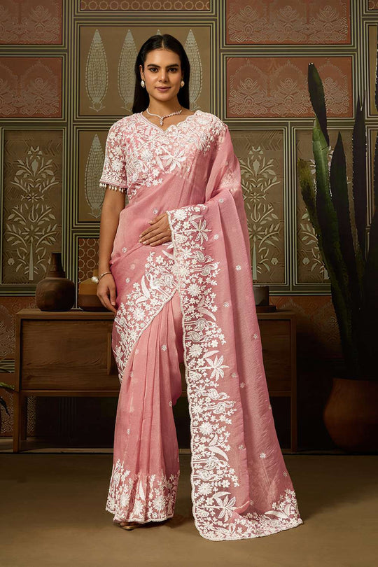Tina Dusty Pink Tissue Organza White Embroidered Ready Saree