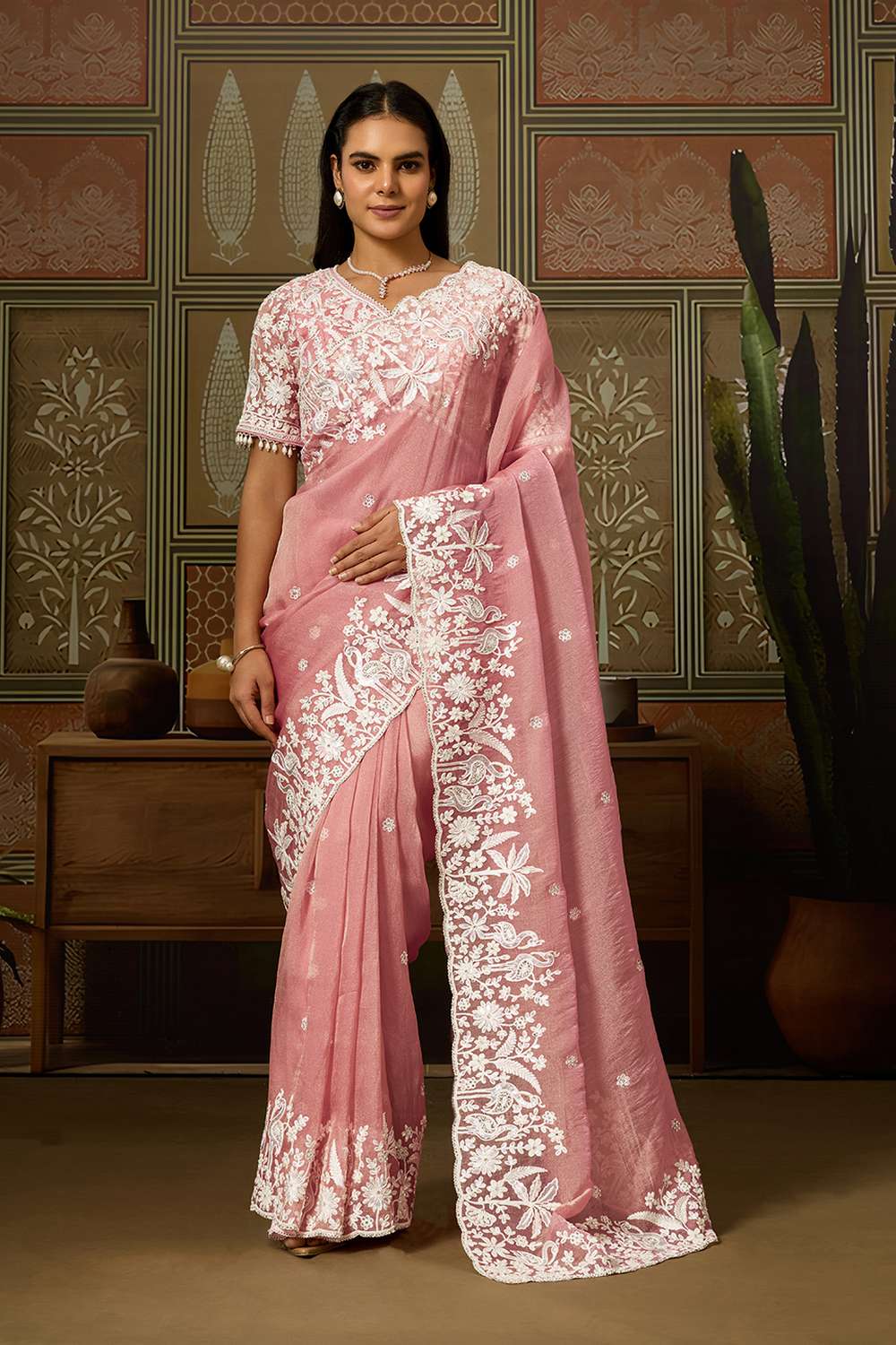 Tina Dusty Pink Tissue Organza White Embroidered Ready Saree