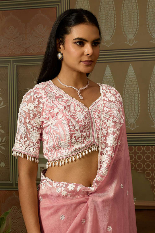 Tina Dusty Pink Tissue Organza White Embroidered Ready Saree