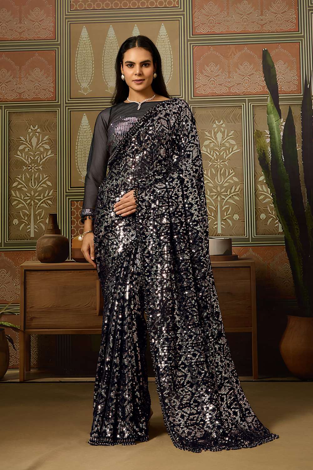 Twinkle Luxe Black Viscose Organza Sequins with Crystal Lace Ready to Wear Saree