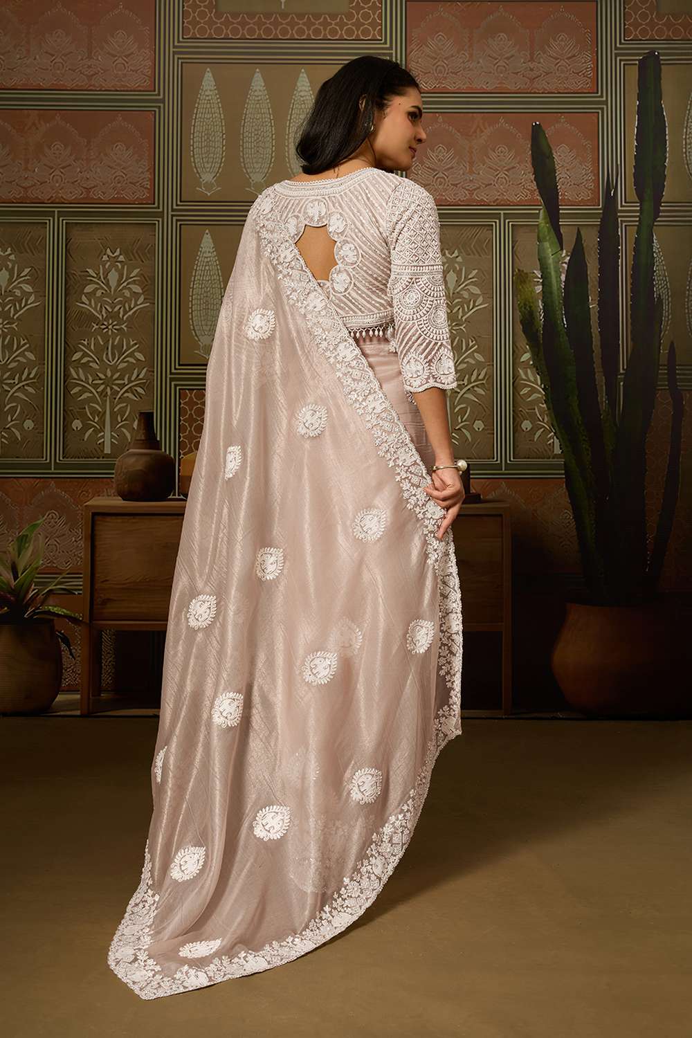 Joyce Soft Beige Blush Organza Butti Embroidered Ready to Wear Saree