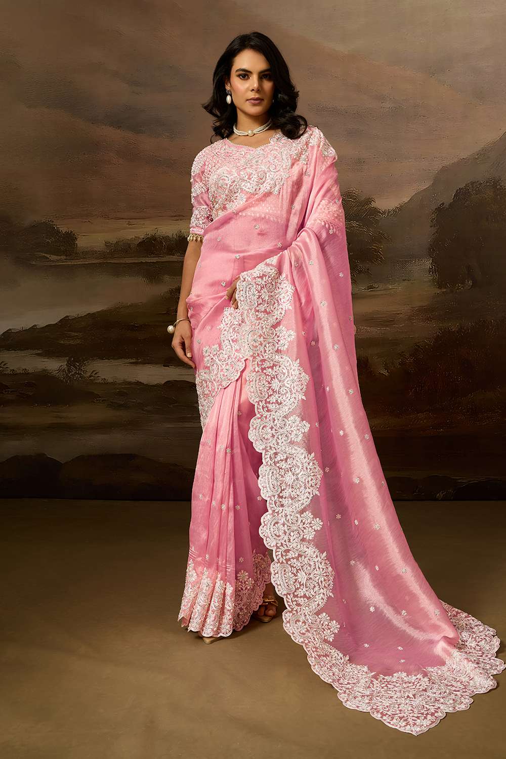 Lorna Light Pink Tissue Organza White Embroidered Ready to Wear Saree