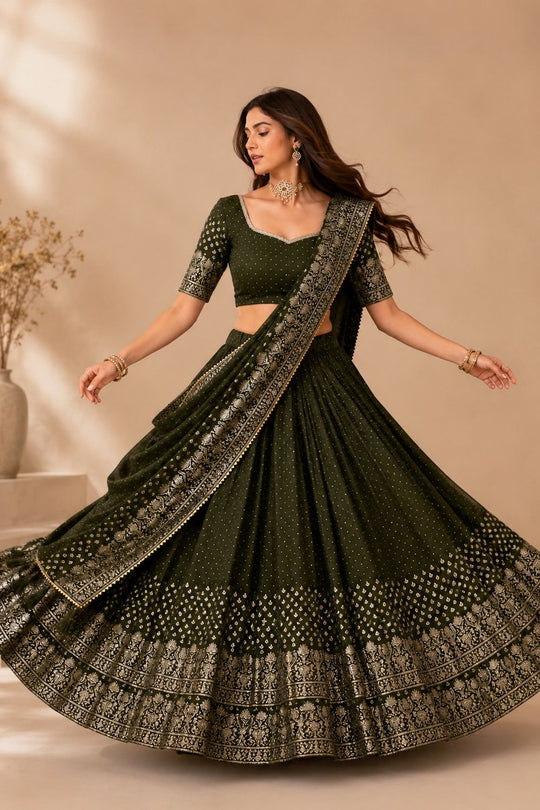 Alissa Mehendi Crepe Zari Embroidered Ready to Wear Lehenga Saree