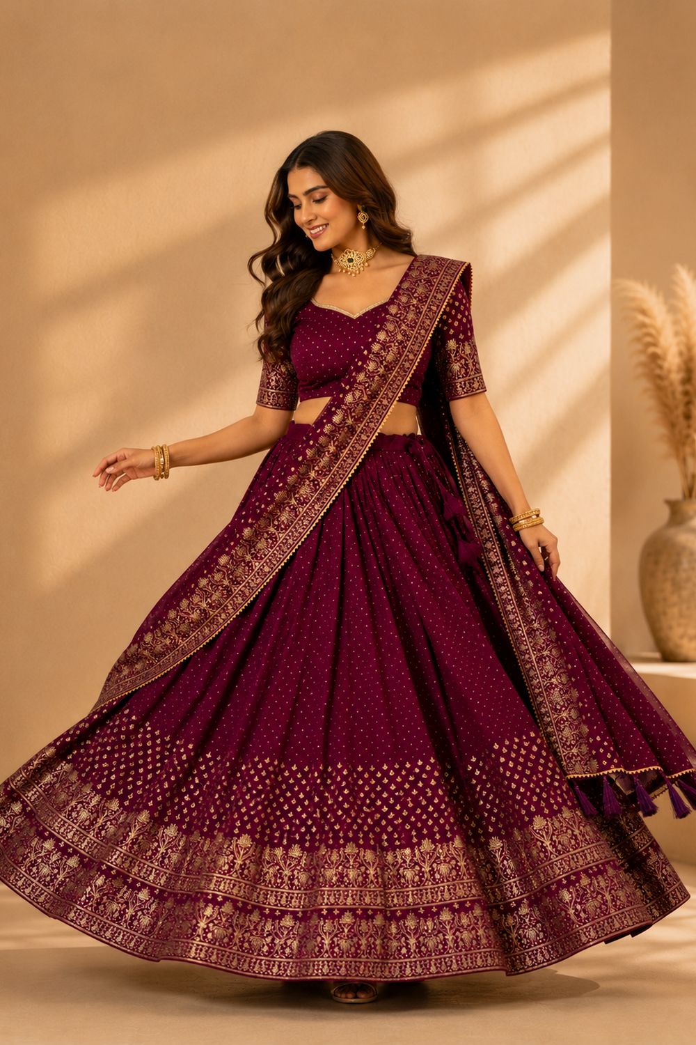 Alissa Wine Crepe Zari Embroidered Ready to Wear Lehenga Saree