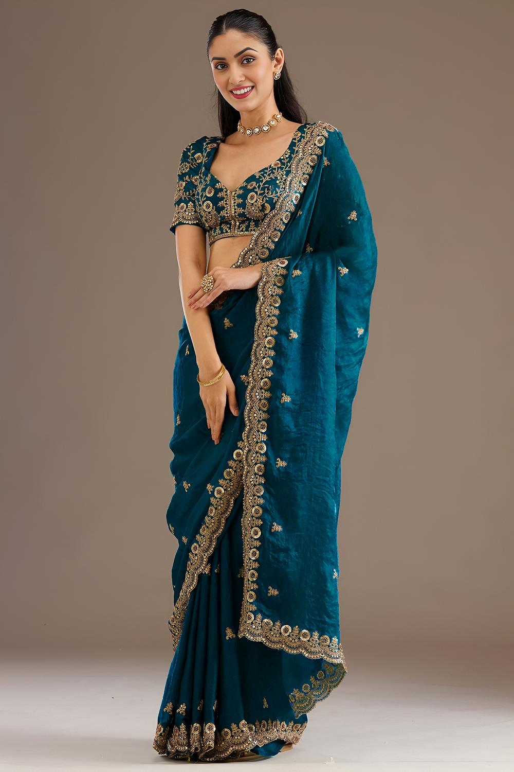 Mumtaz Dove Blue Tissue Gold Embroidered Ready to Wear Saree