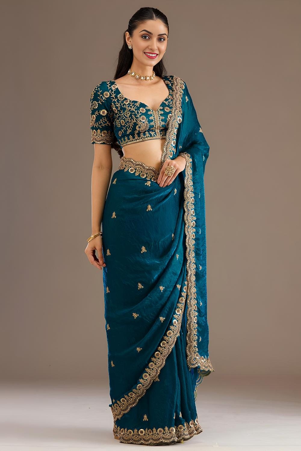 Mumtaz Dove Blue Tissue Gold Embroidered Ready to Wear Saree