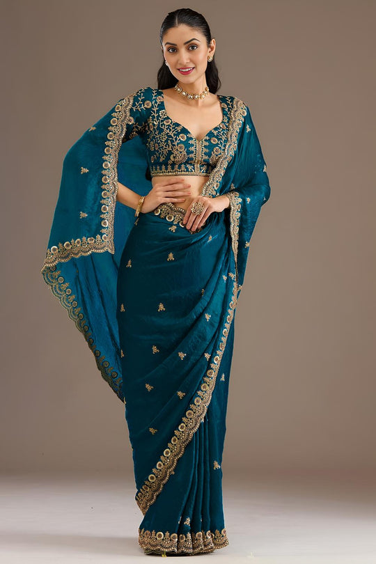 Mumtaz Dove Blue Tissue Gold Embroidered Ready to Wear Saree
