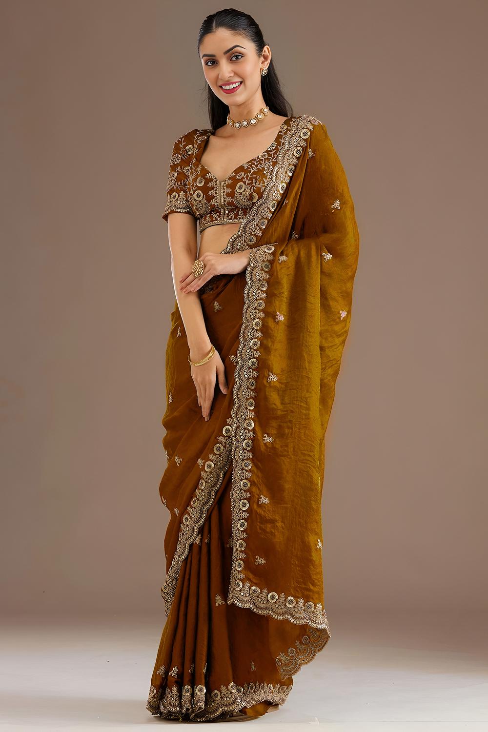 Mumtaz Carmel Tissue Gold Embroidered Ready to Wear Saree