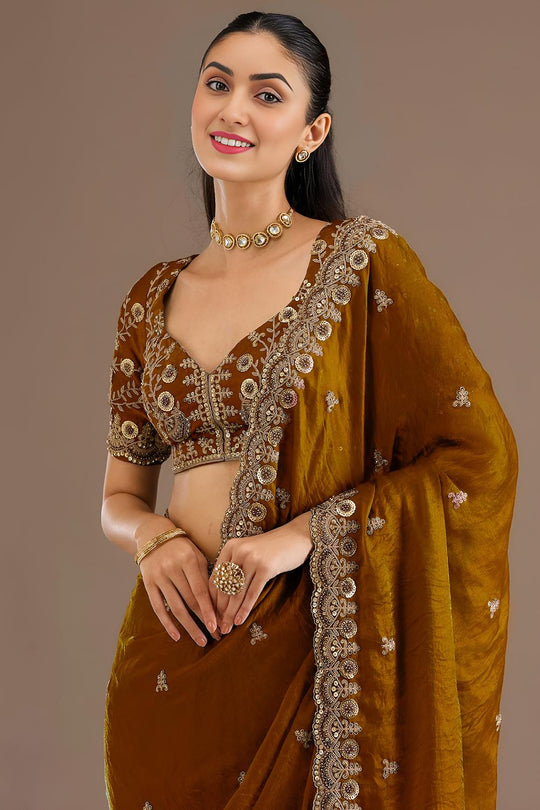 Mumtaz Carmel Tissue Gold Embroidered Ready to Wear Saree
