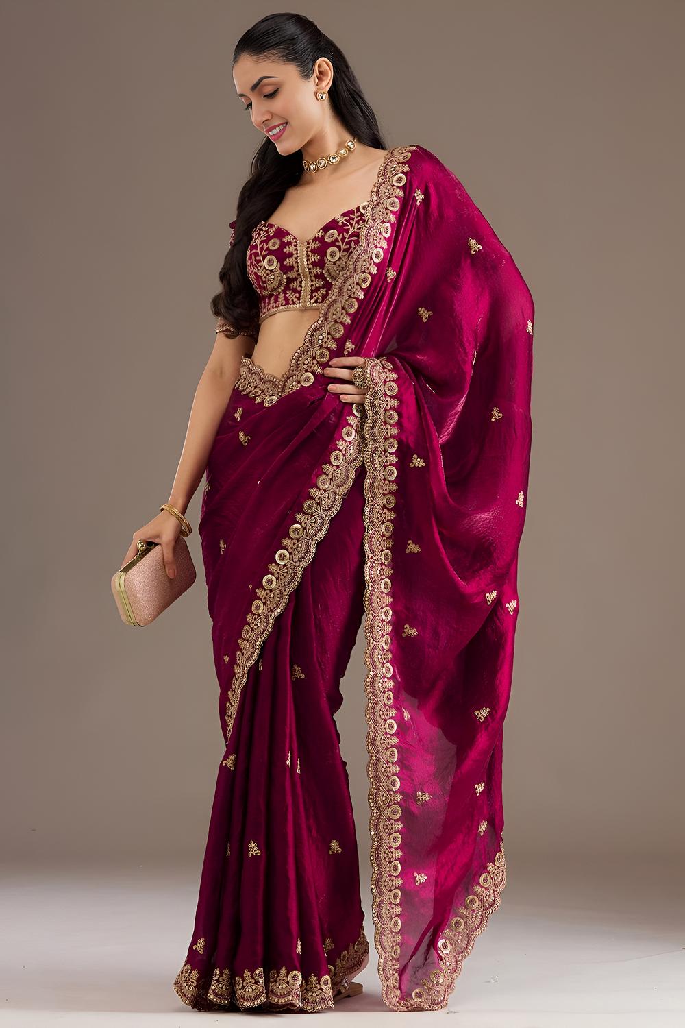 Mumtaz Maroon Tissue Gold Embroidered Ready to Wear Saree