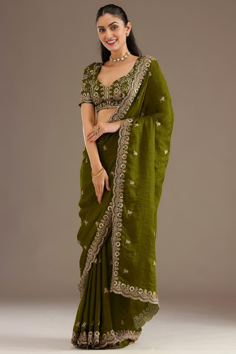 Mumtaz Olive Green Tissue Gold Embroidered Ready to Wear Saree