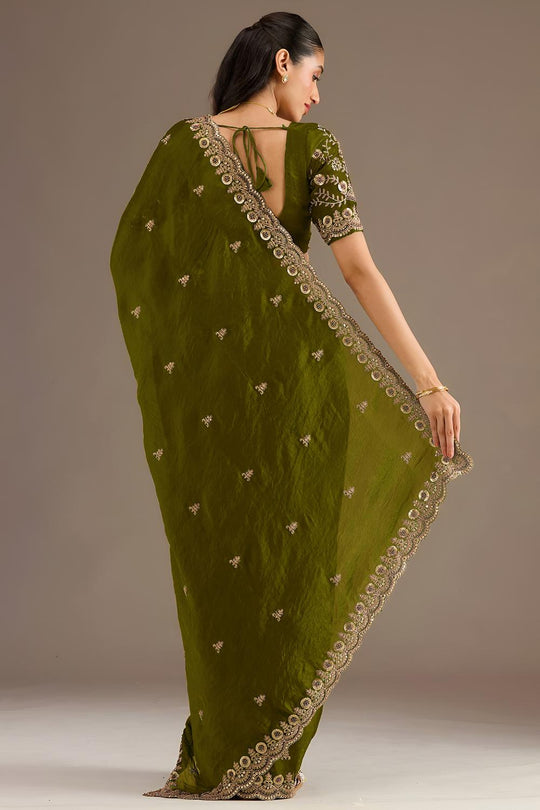 Mumtaz Olive Green Tissue Gold Embroidered Ready to Wear Saree