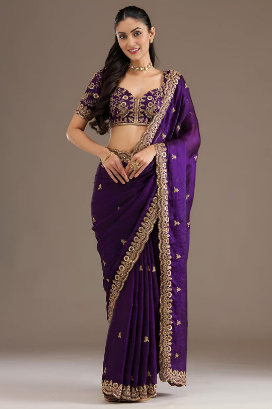 Mumtaz Purple Tissue Gold Embroidered Ready to Wear Saree
