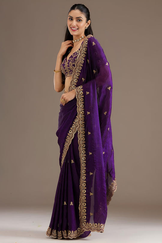 Mumtaz Purple Tissue Gold Embroidered Ready to Wear Saree