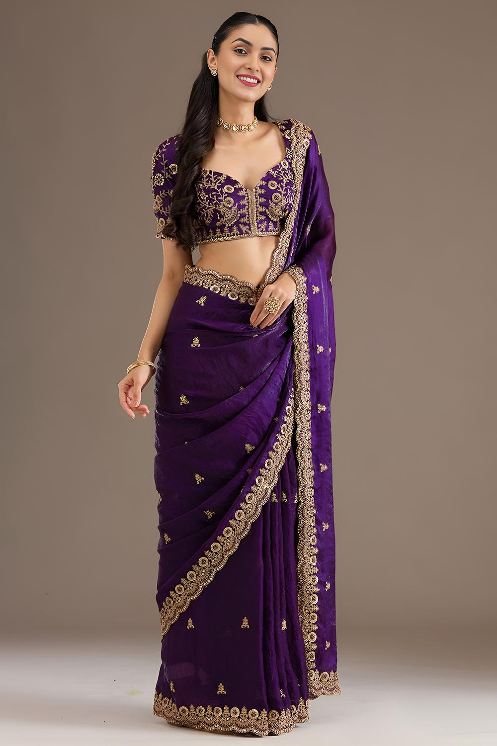 Mumtaz Purple Tissue Gold Embroidered Ready to Wear Saree