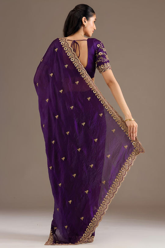 Mumtaz Purple Tissue Gold Embroidered Ready to Wear Saree