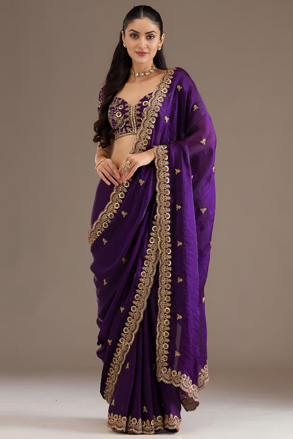 Mumtaz Purple Tissue Gold Embroidered Ready to Wear Saree