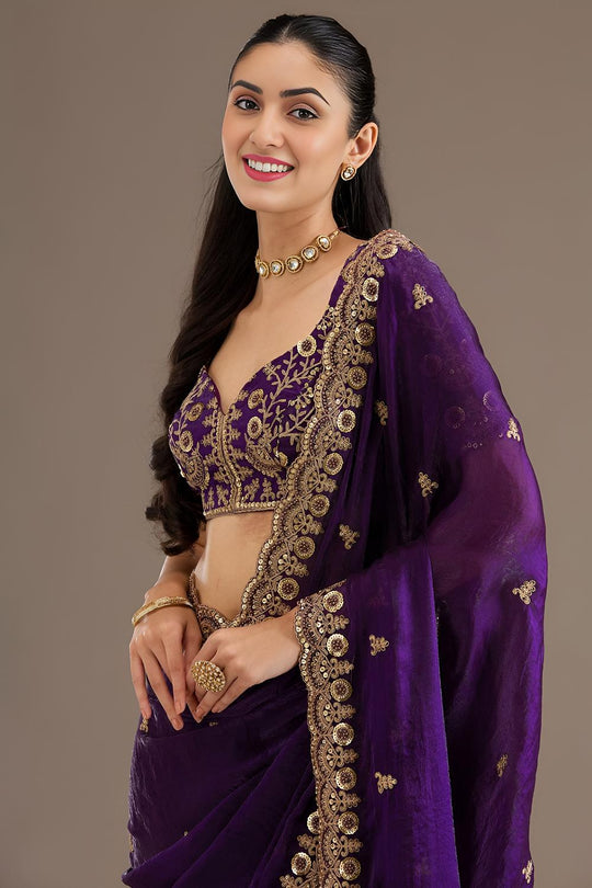 Mumtaz Purple Tissue Gold Embroidered Ready to Wear Saree