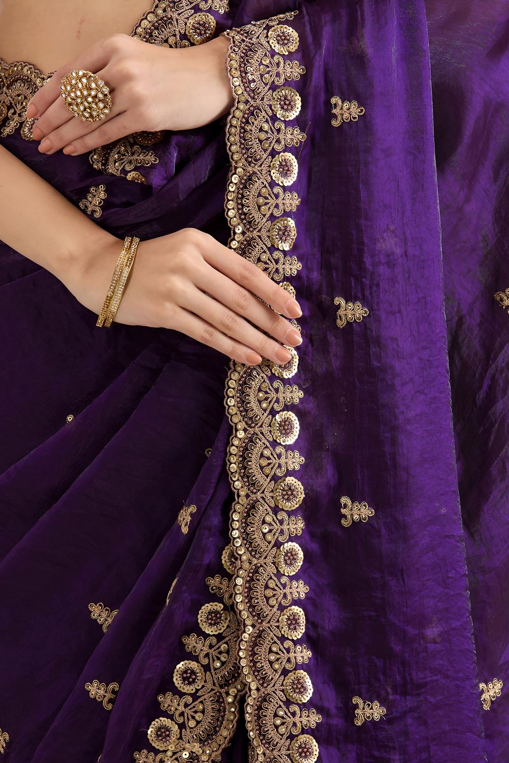 Mumtaz Purple Tissue Gold Embroidered Ready to Wear Saree