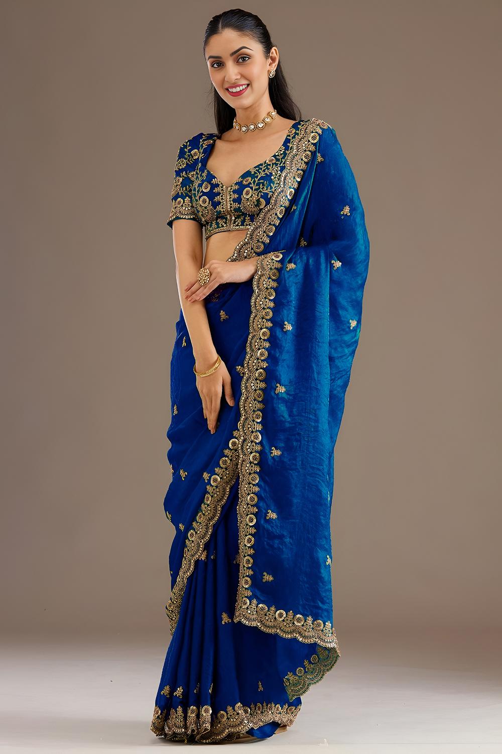 Mumtaz Royal Blue Tissue Gold Embroidered Ready to Wear Saree