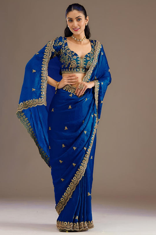 Mumtaz Royal Blue Tissue Gold Embroidered Ready to Wear Saree