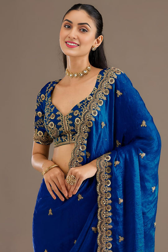 Mumtaz Royal Blue Tissue Gold Embroidered Ready to Wear Saree