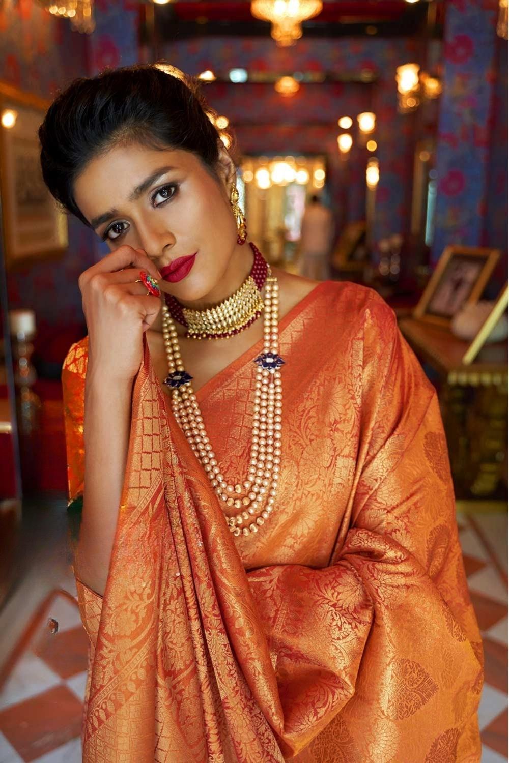 Kylie Orange Handloom Weaving Silk One Minute Saree