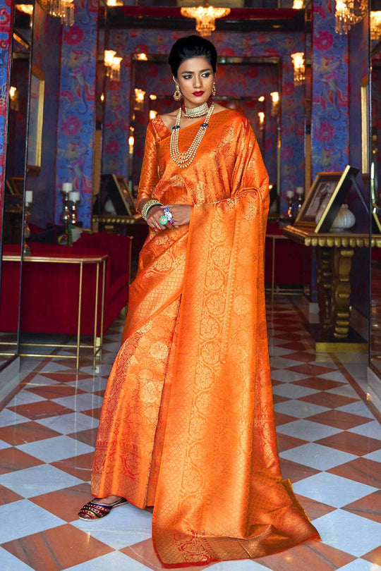 Kylie Orange Handloom Weaving Silk One Minute Saree