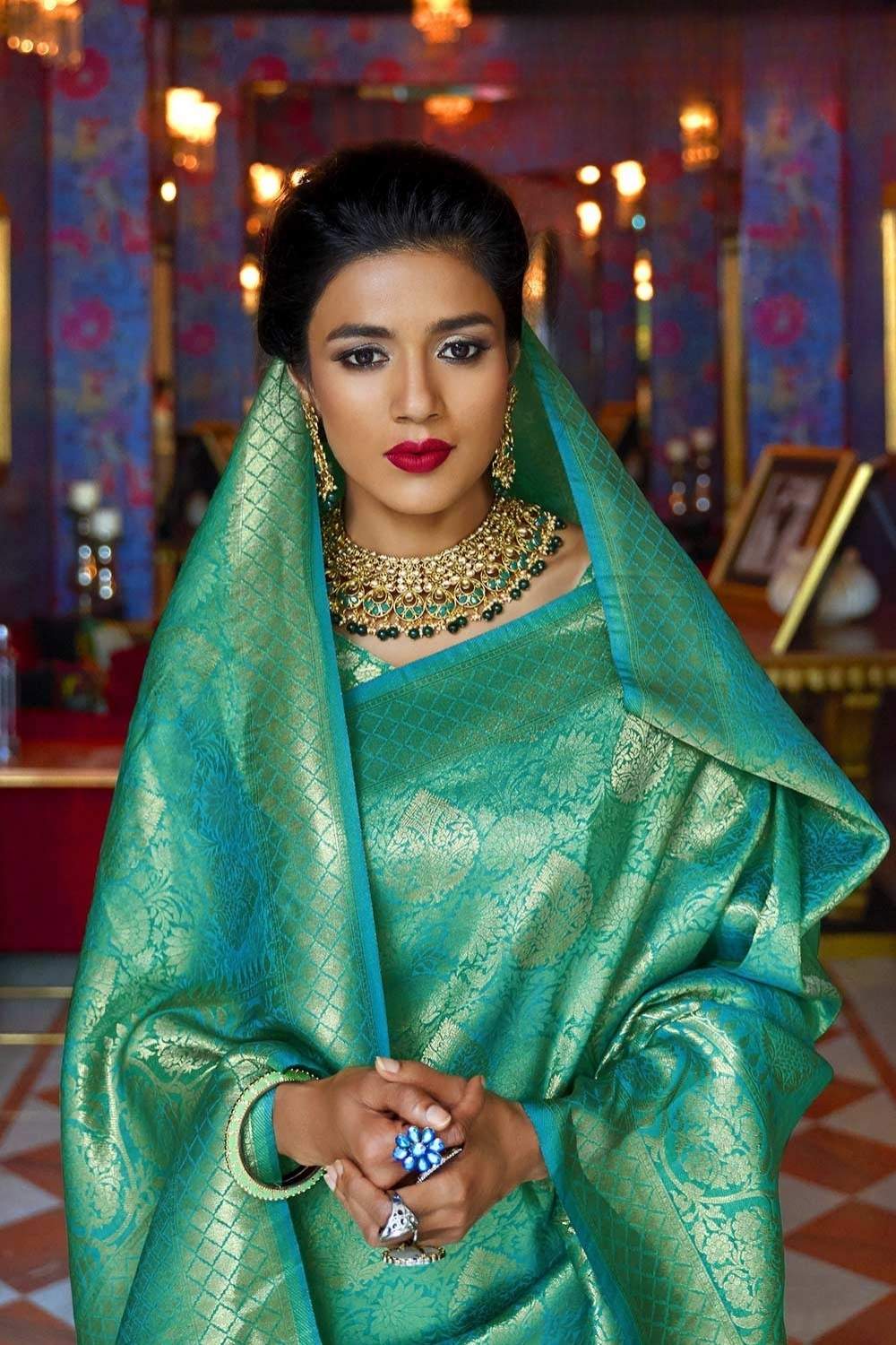 Kylie Dark Green Handloom Weaving Silk One Minute Saree