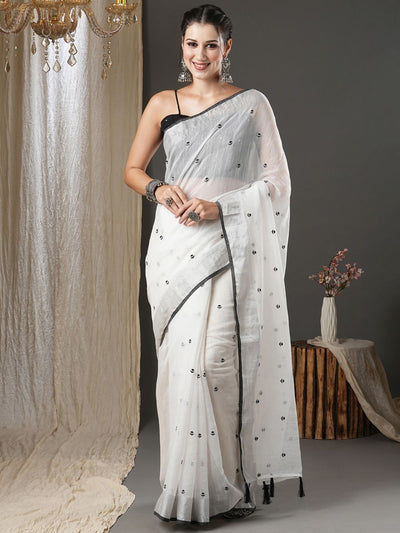 Kamya White & Black Cotton Printed One Minute Saree